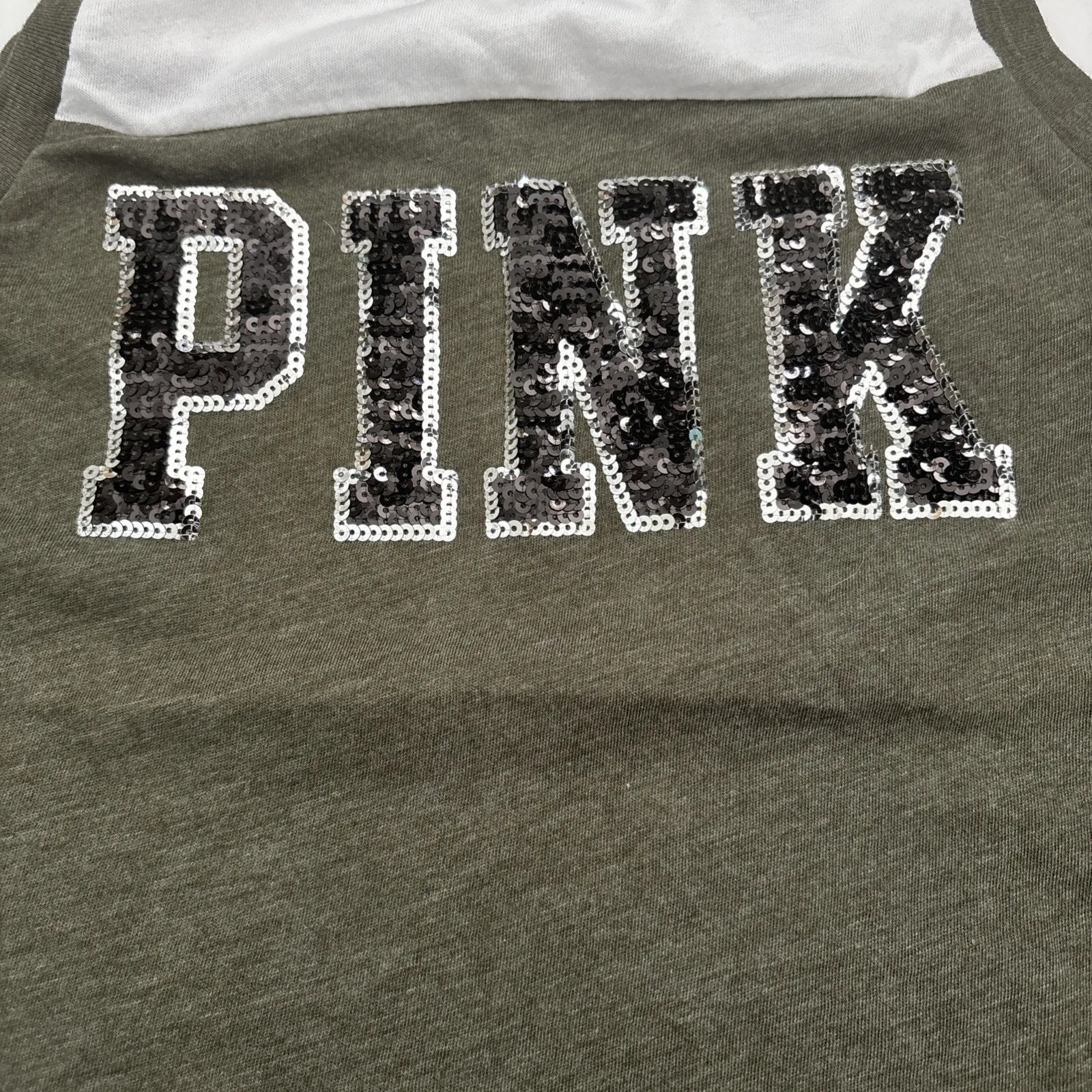 Victoria Secret PINK Army Green White Sequin Tank Top Shirt Size XS - Image 3