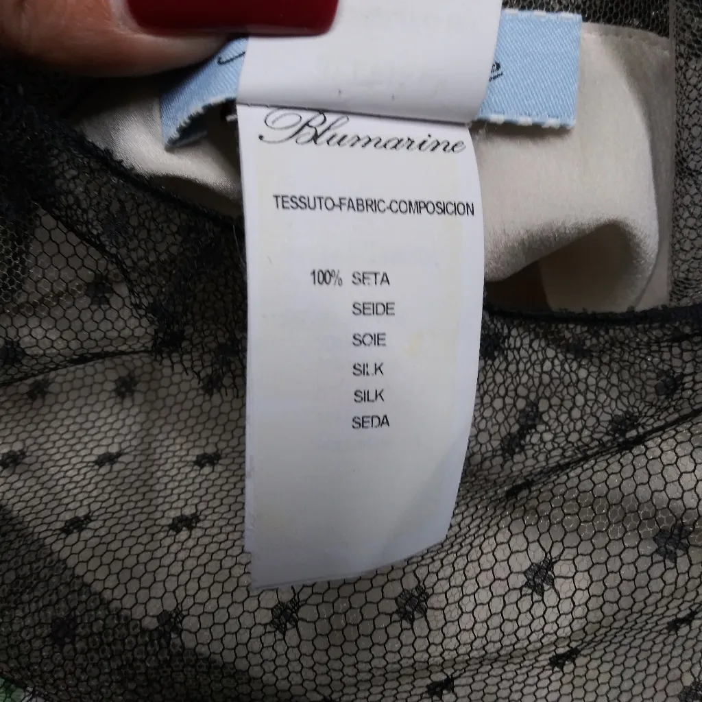 Blumarine Silk Floral Dress with Sheer Black Sleeves Luxury Feminine Size Small - Image 10