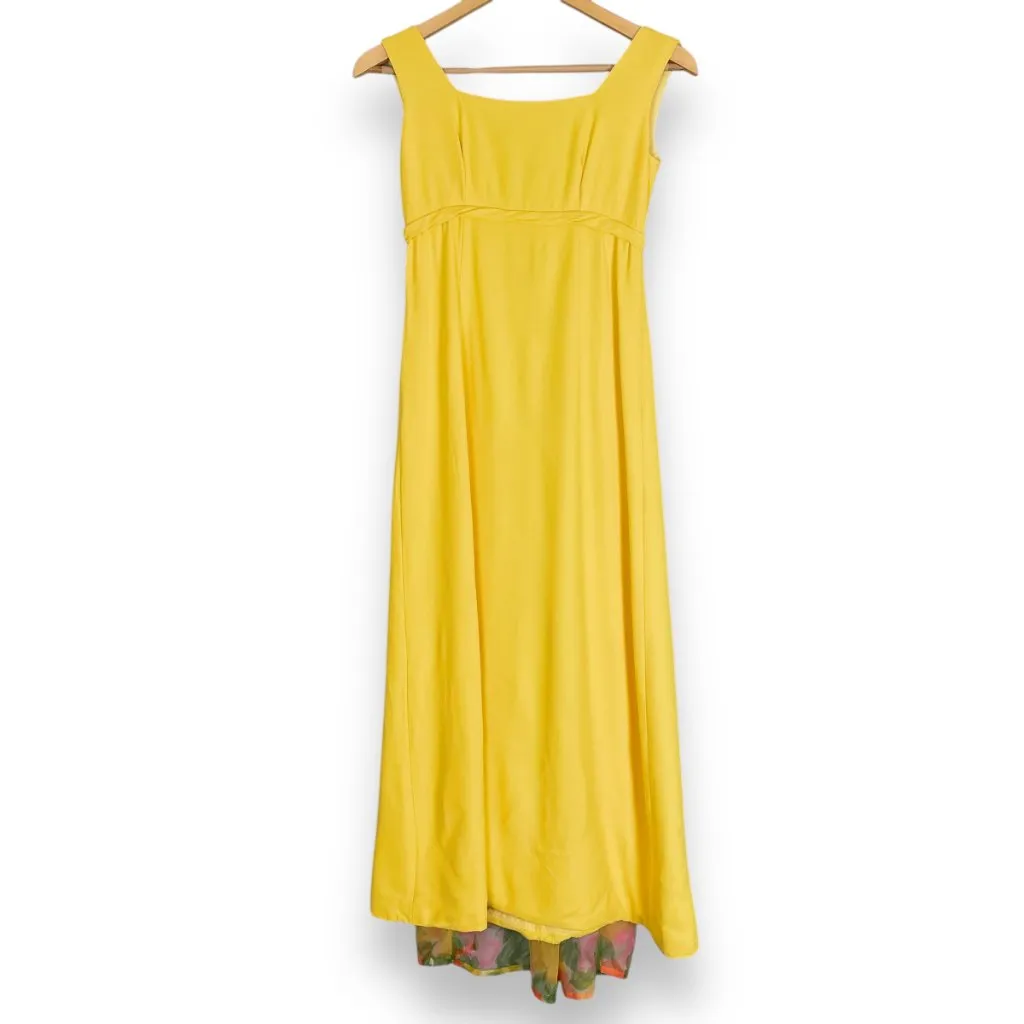 Vintage 1960s‎ Dress Handmade Floral Train Yellow Crepe Empire Waist Bow Back Size undefined - Image 10
