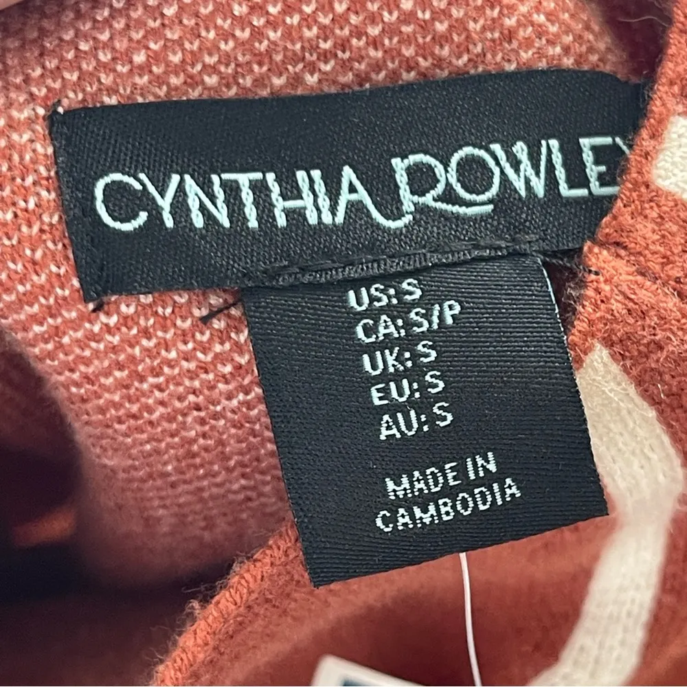 CYNTHIA ROWLEY | Rust Windowpane Plaid Mock Neck Knit Sweater Sz S - Image 6