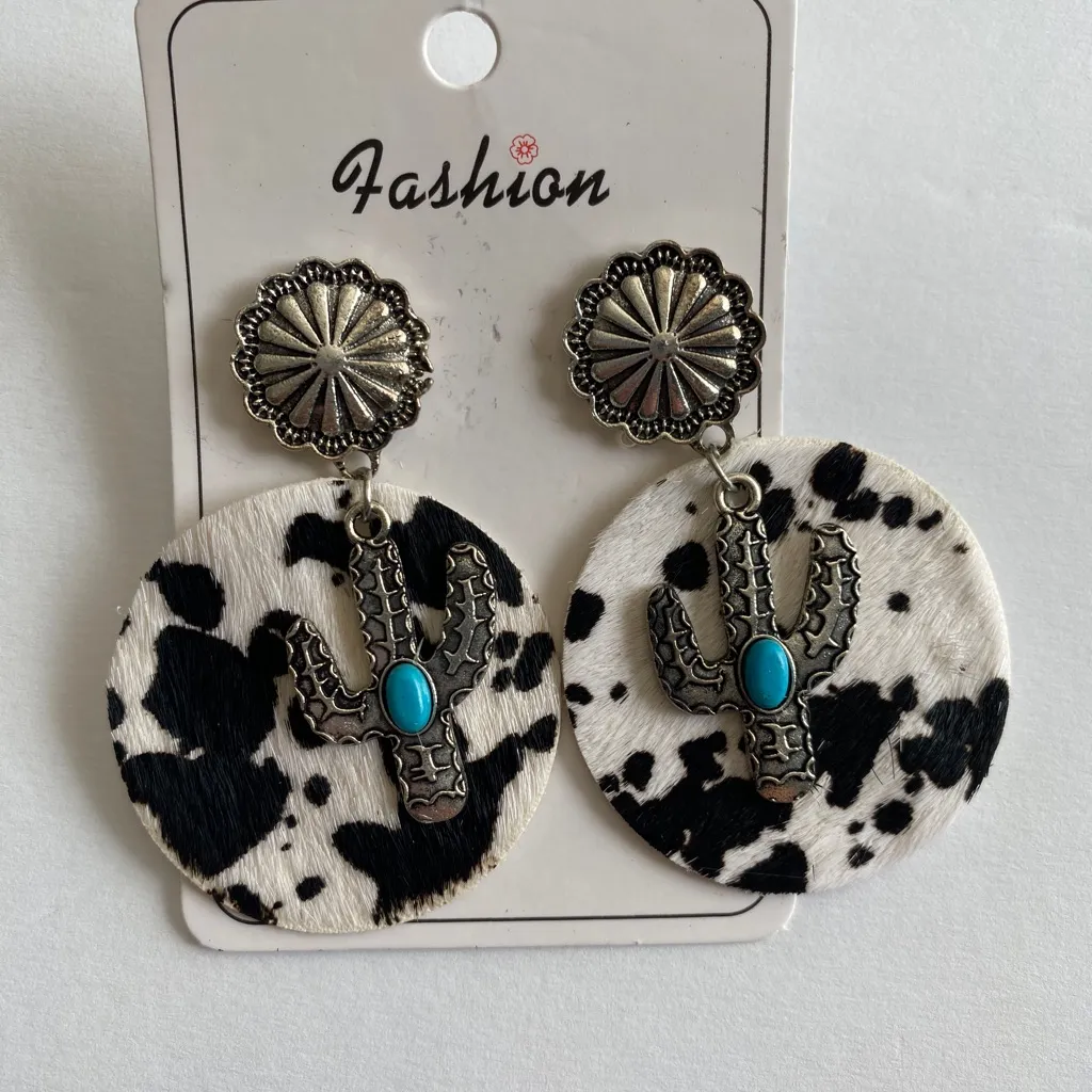 Cow pattern cactus with turquoise decor‎ dangle ethnic style earrings Black - Image 8