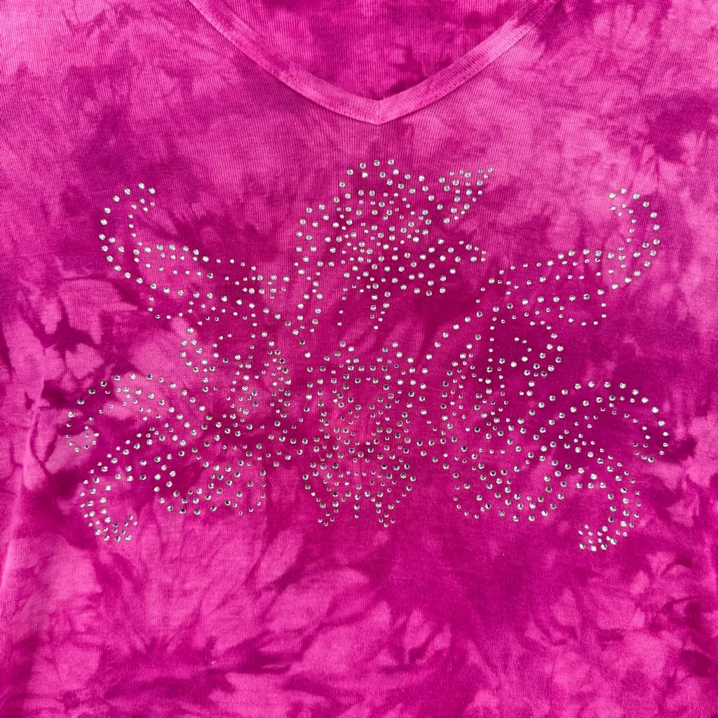 VintageY2K Sledge USA Tee Fuchsia Tie Dye Rhinestone Design Cotton Made in USA Pink Size M - Image 3