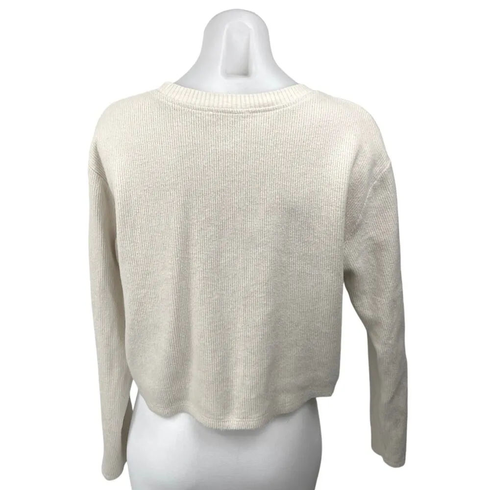 Zara White Knit Crew Neck Loose Fit Long Sleeve Cozy Crop Sweater Top Size L - Image 2