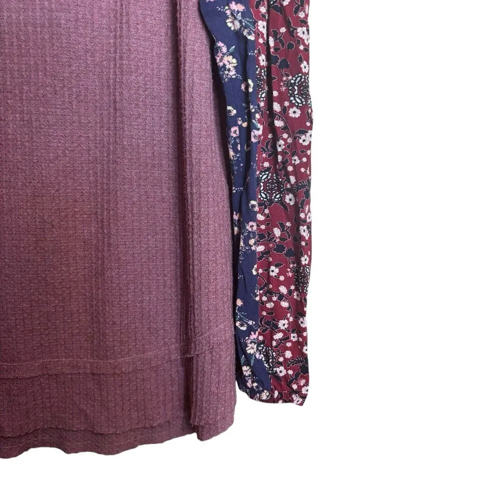 Knox Rose Top Womens Large Multicolor Floral Sleeves Waffle Knit Stretch Blouse - Image 4