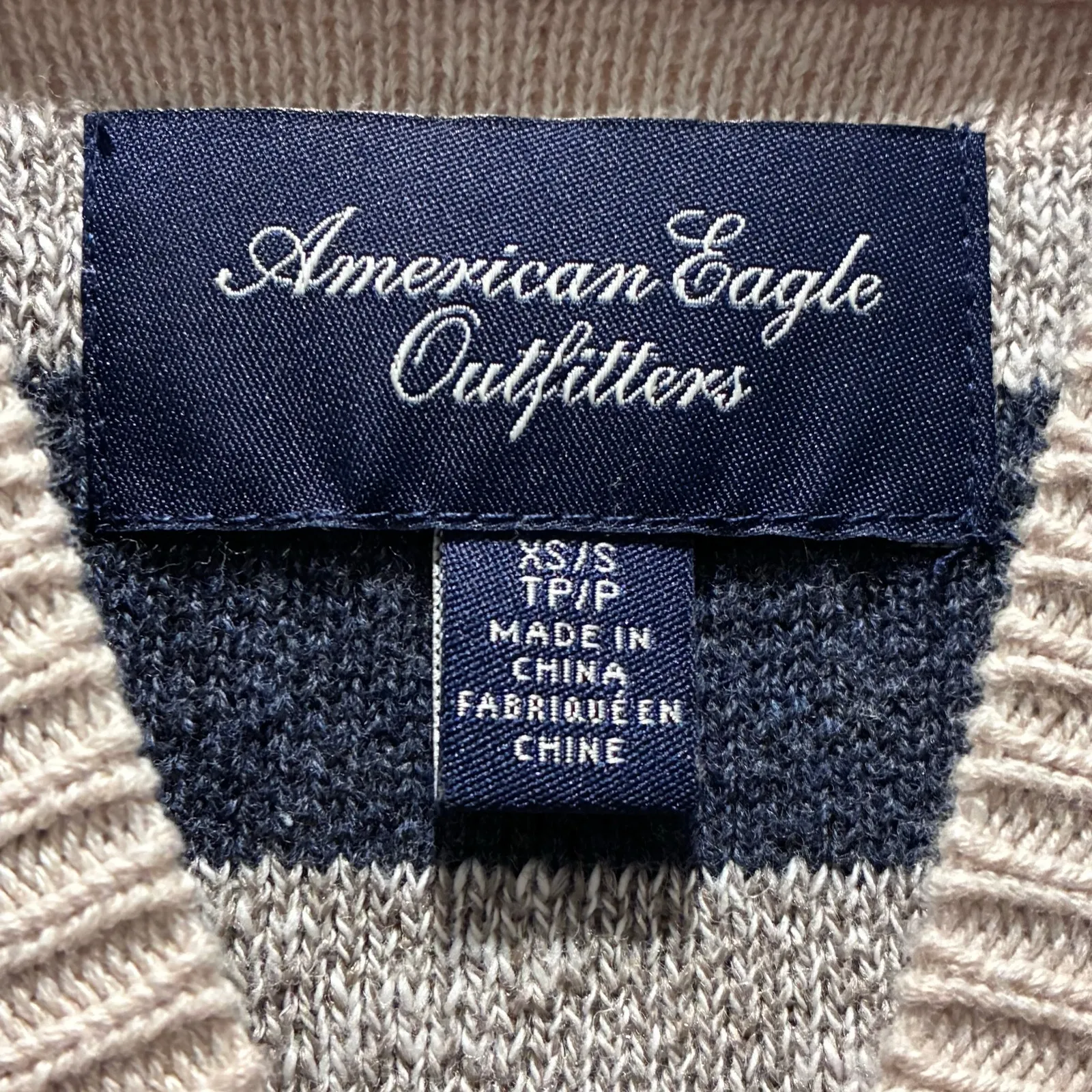 American Eagle Poncho Striped Knit V Neck Hooded Sweater Cream Gray Sz XS Small - Image 6