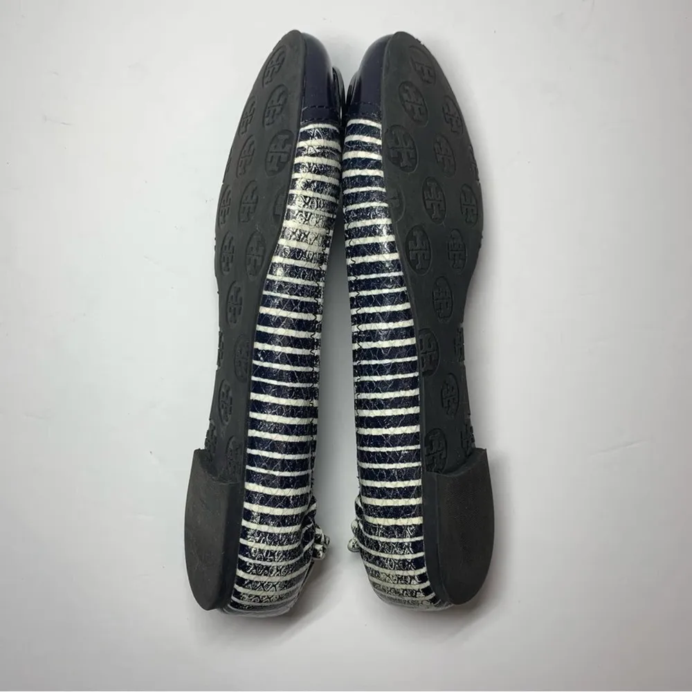 Tory Burch Serena Stripe Snake Skin Ballet Flats 7.5 Navy Blue White - Image 6