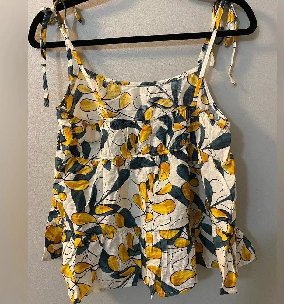 Mine Leaf Baby Doll Tie Top Straps Women’s medium Floral Top NWOT Yellow - Image 5