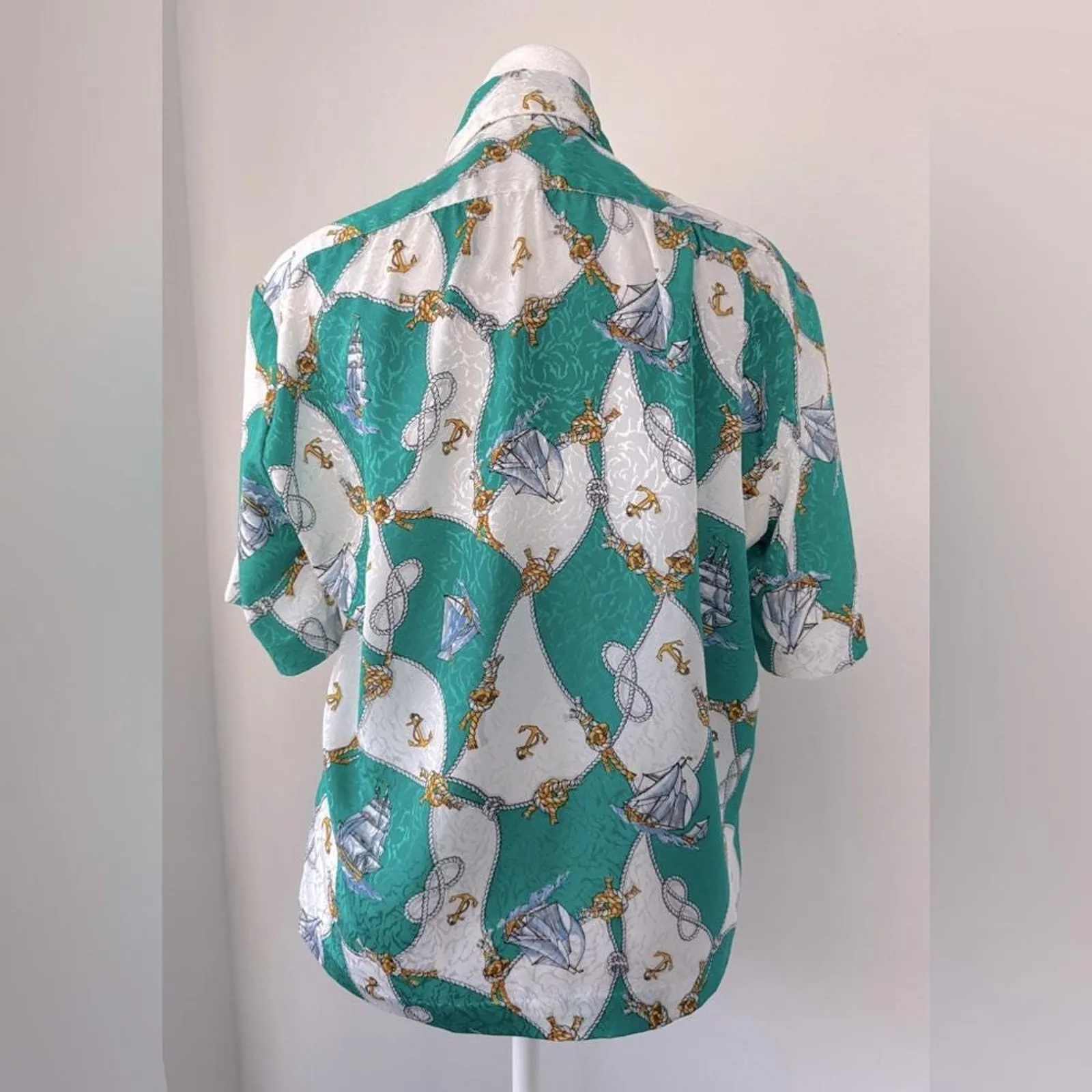 Vintage ‘80s All Hours Sailboat & Anchor Print Short Sleeve Collared Blouse Green - Image 6
