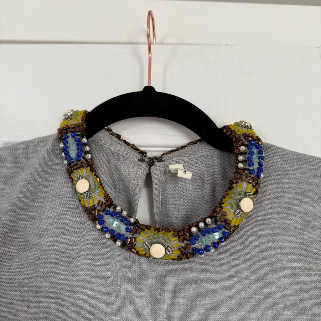 Anthropologie Moth Embellished Beaded Collar Grey Silk Cotton Blend Sweater Top - Image 5