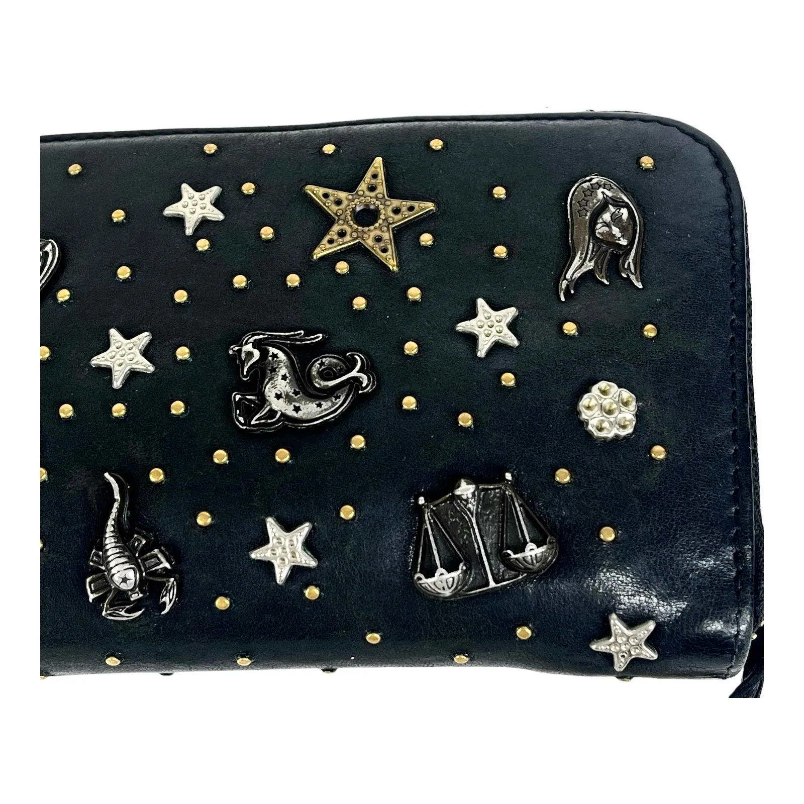 Jimmy Choo Long Wallet Zodiac Studded Zip Black Leather Clutch Purse Authentic - Image 10