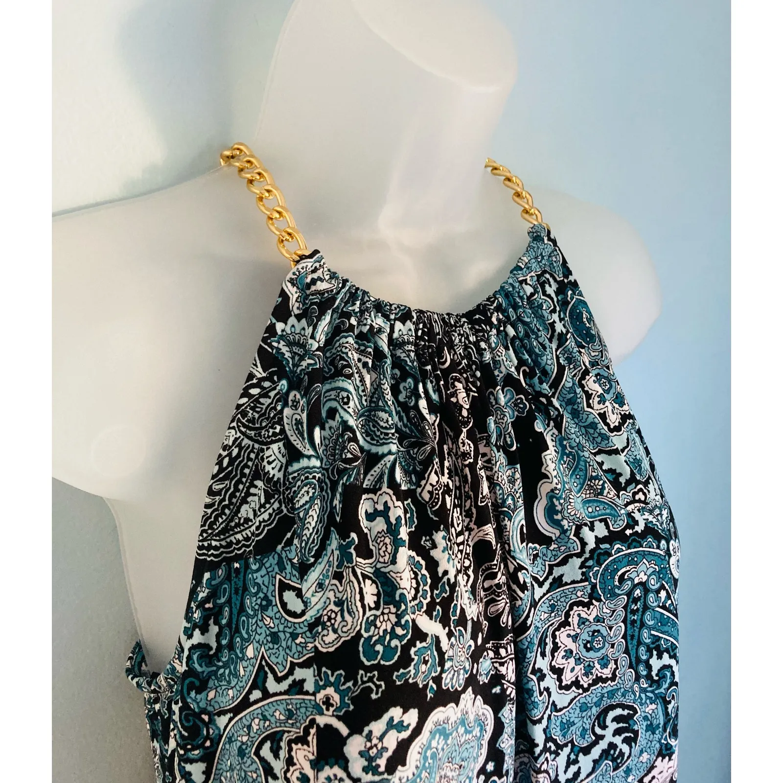 MICHAEL Michael Kors Dress Medium Paisley Gold Chain Dressy Whimsical Blue - Image 2