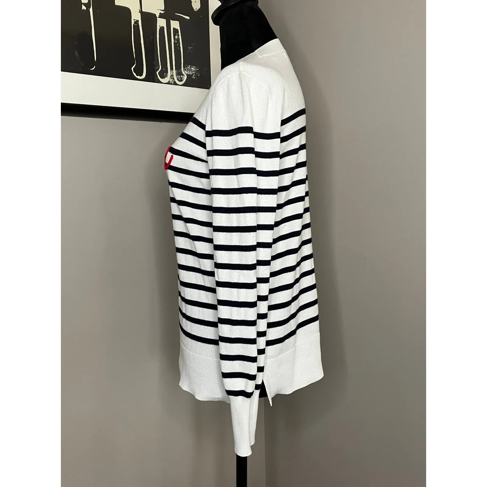 Marled Crewneck Long Sleeve Striped Love Sweater Black White Red Twee Preppy XS Multiple - Image 3