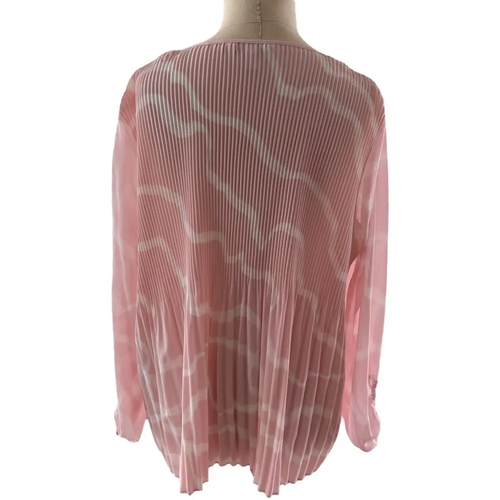 Nine West Baby Pink and White V-neck Long Sleeve Pleated Top Blouse, size Small - Image 4