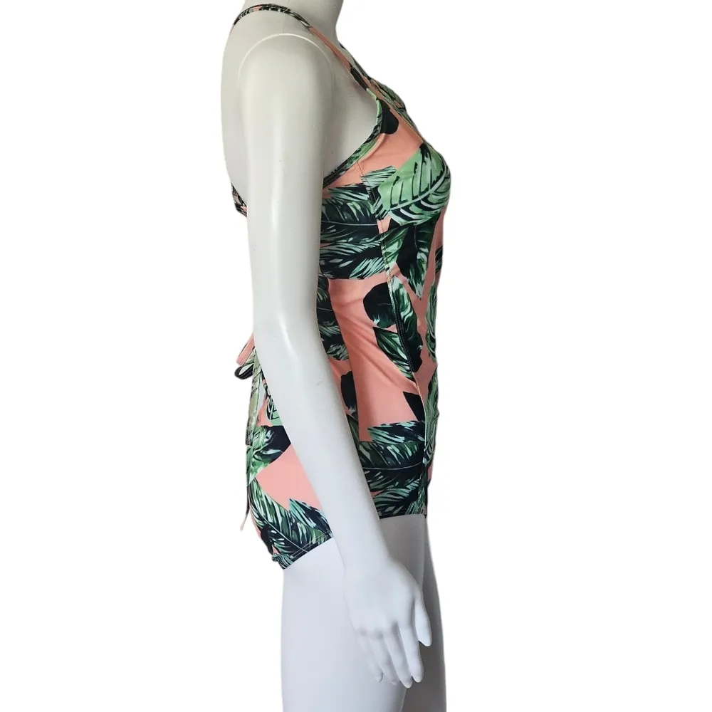 Pink Leafy Lace Up Cross Back Spaghetti Strap One Piece Swimsuit Size Medium - Image 5
