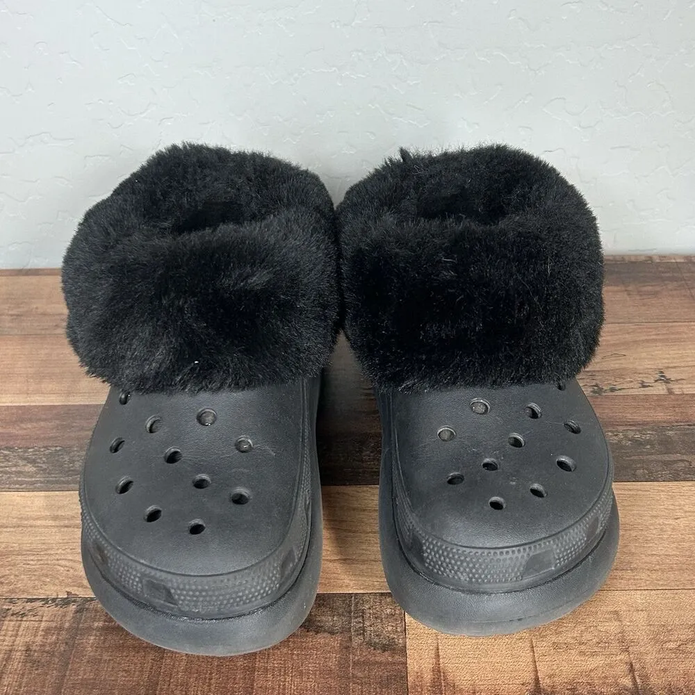 Crocs Furever Crush Soft Fluffy Faux Fur Clogs Black Womens 6 Black Platform - Image 3