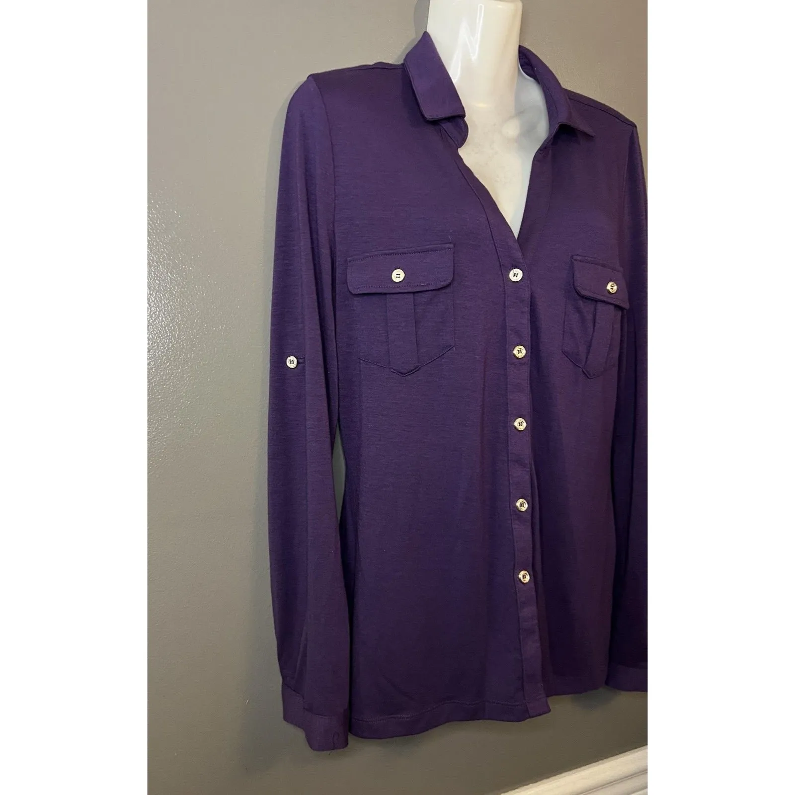 Candalite Shirt Womens Medium Purple Button Front Long Sleeve Stretch Pockets - Image 2