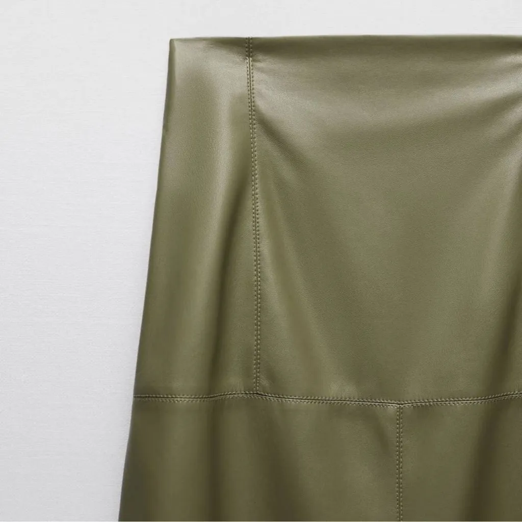 Zara Faux Leather Midi Skirt olive green patchwork flare a line long blogger - Image 4