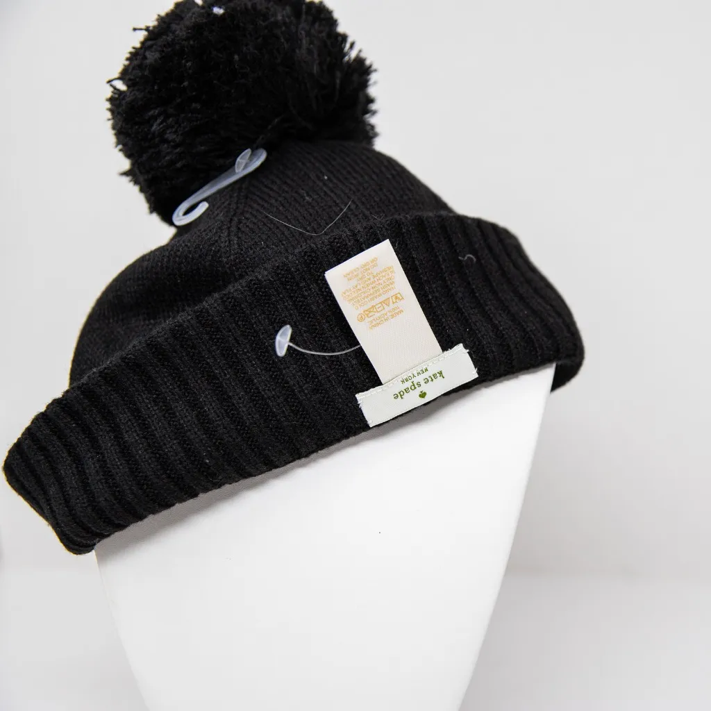 NEW Kate Spade Have A Nice Day Graphic Print Beanie Pom Pom Hat Black White - Image 4