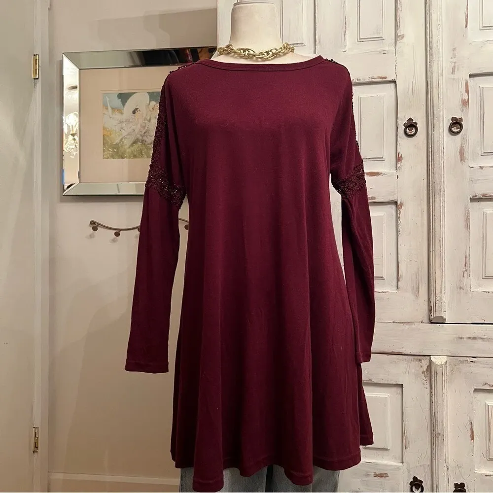 Maroon Lace Sleeve Tunic Dress Long Sleeve Boho Casual Chic Comfy Size Ln Red Size L - Image 2