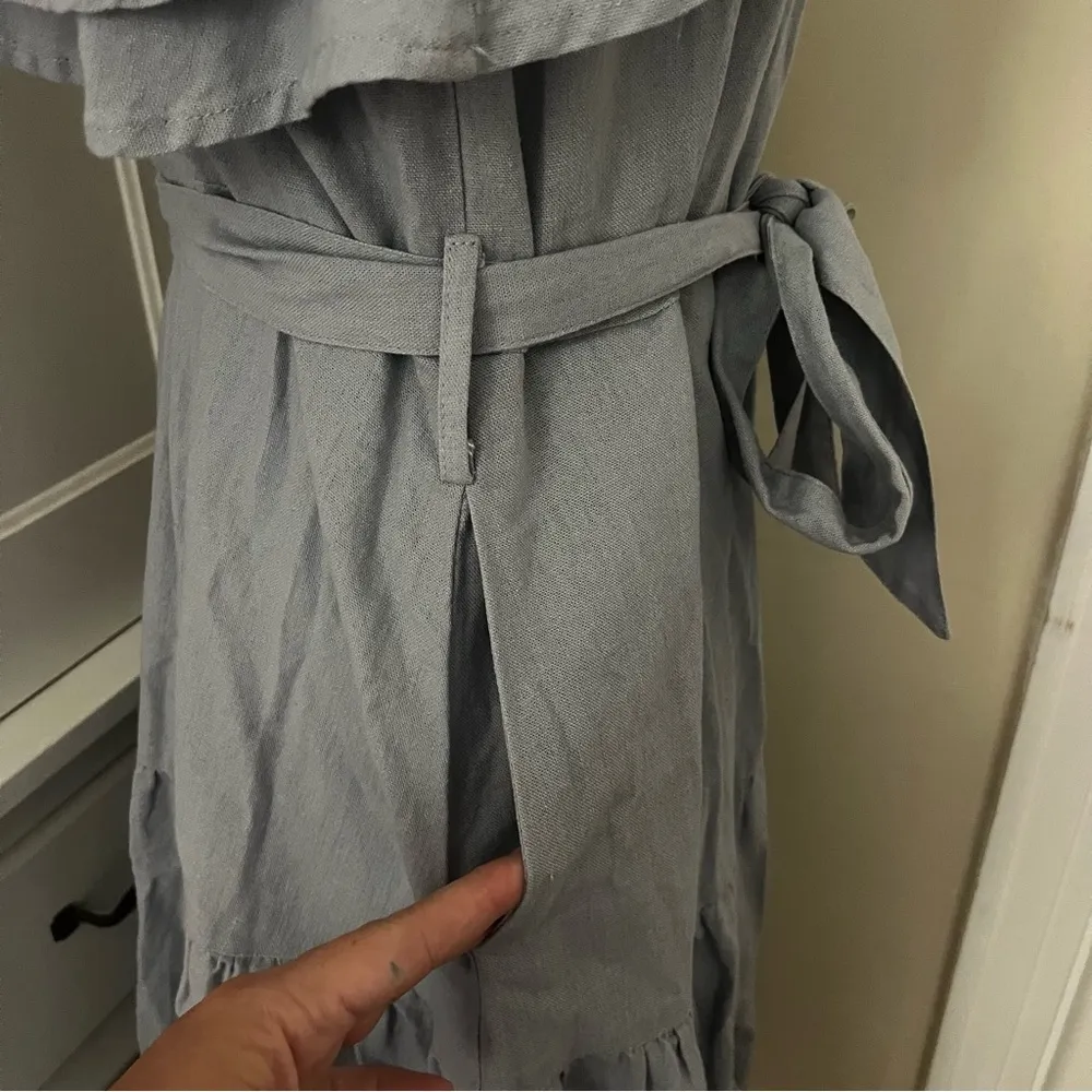 Nicole Miller Asymmetrical One Shoulder Ruffle Trim Linen Tiered Midi Dress - Image 9