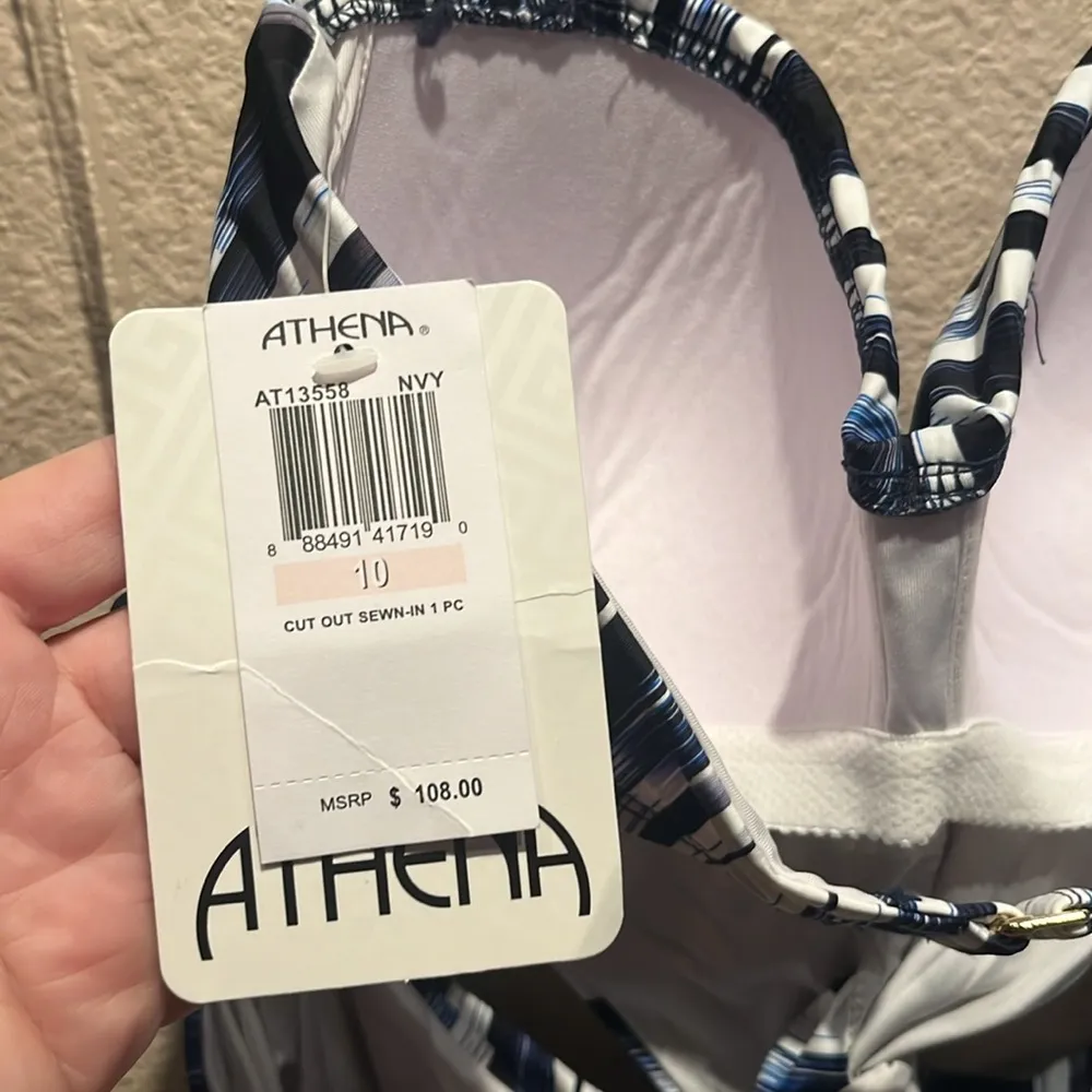 New Athena Women’s Blue Patterned Swimsuit One Piece Cut out Sewn in Size 10 NWT White - Image 13