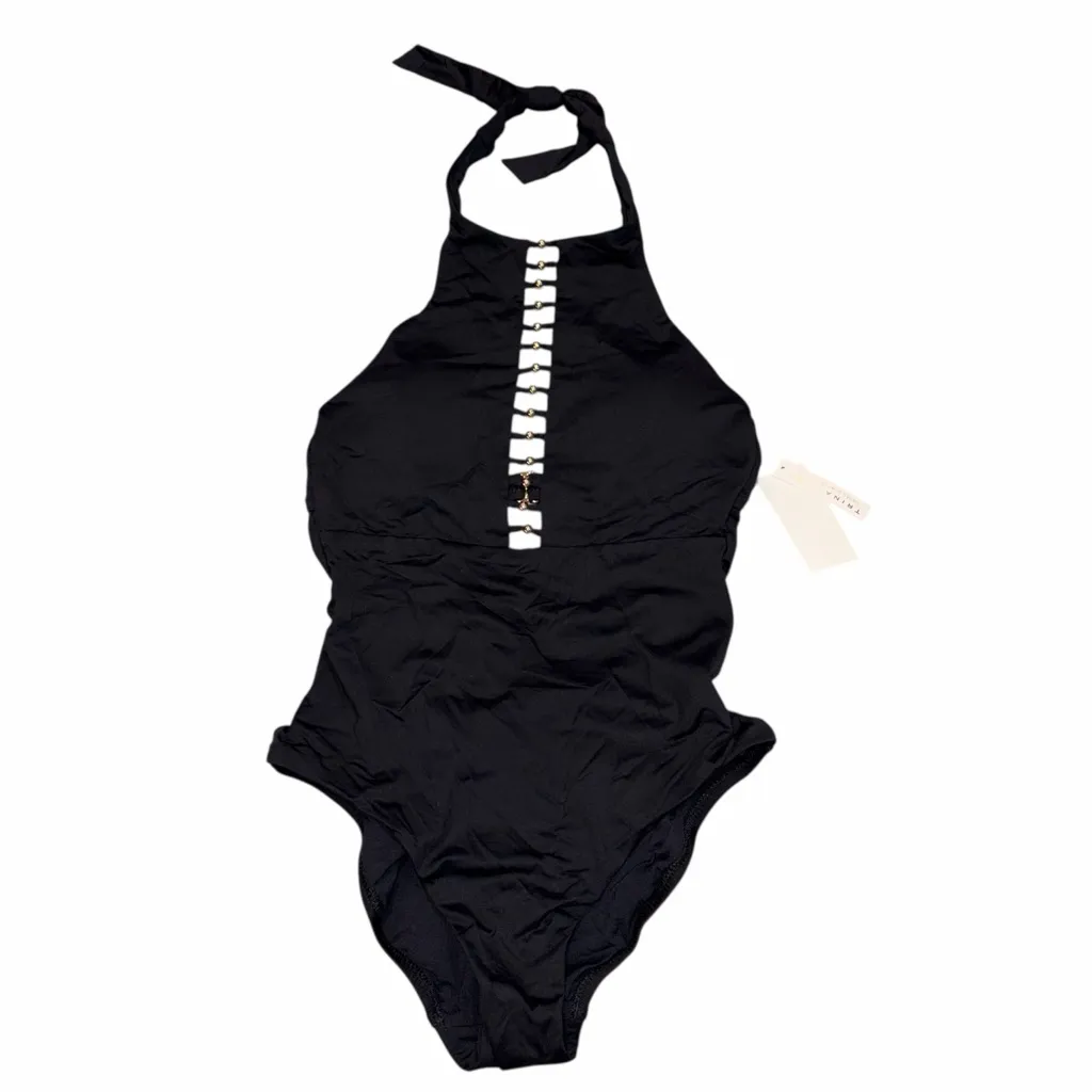 NEW Trina Turk Black Gypsy High Neck One Piece Beaded Swimsuit size 4 - Image 3