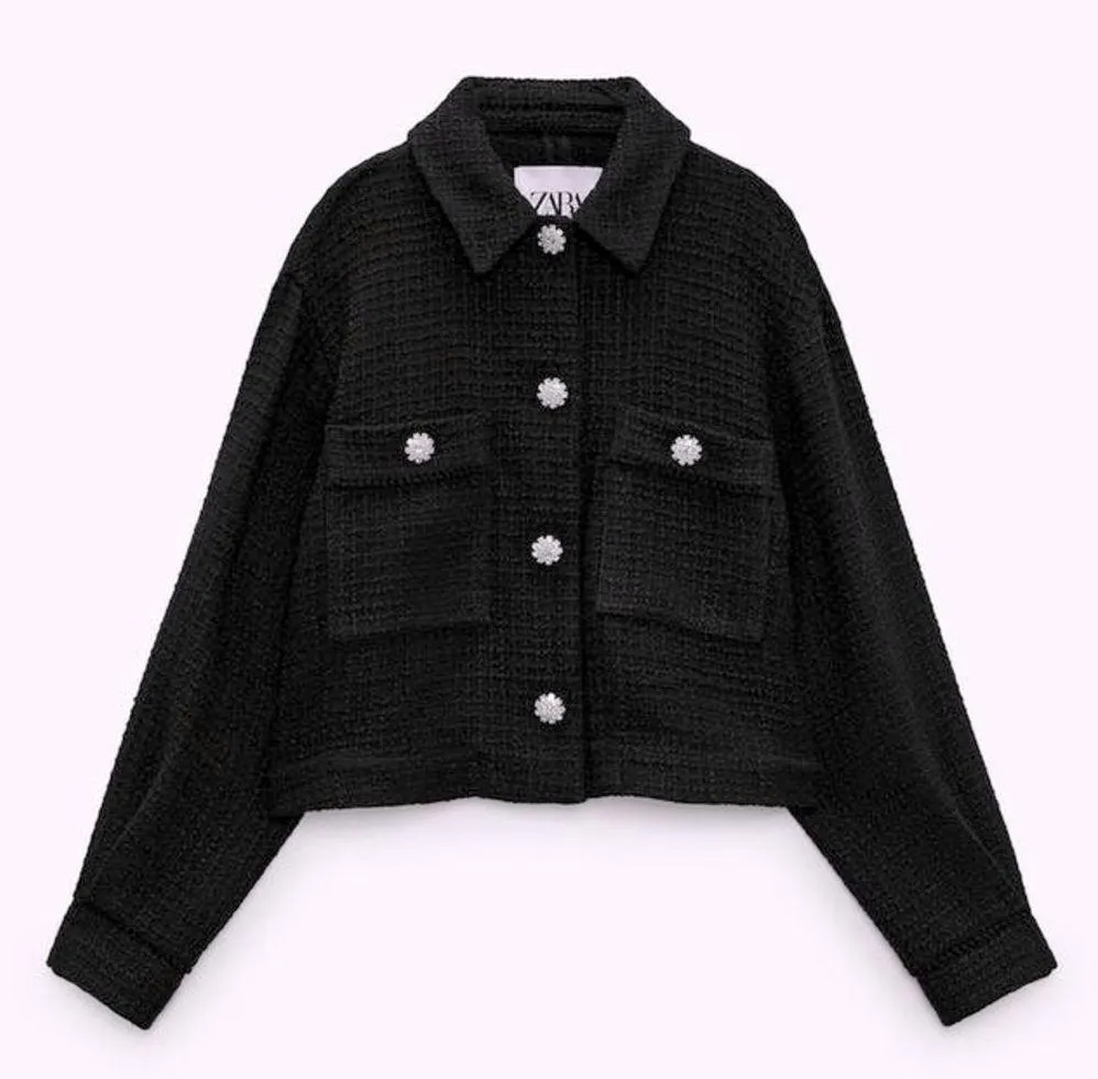 Zara OVERSHIRT JACKET BLAZER CARDIGAN W/ RHINESTONE BUTTONS BLACK SIZE XS NEW - Image 7