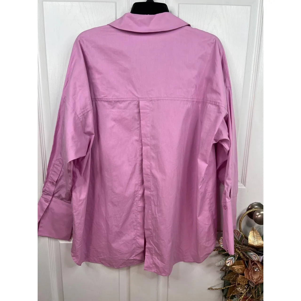 Topshop Shirt Oversized Sz US S 4-6 Pink Collared Long Sleeve Split Back Cotton - Image 3