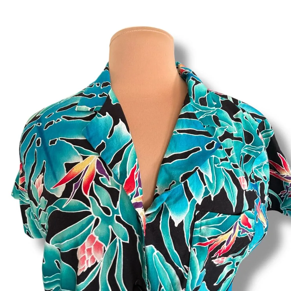 Vintage 90s Hilo Hattie Hawaiian Shirt Black Teal Monstera Floral Pattern Large - Image 3