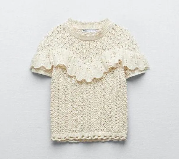 Zara Cream Crochet Open Knit Ruffle Mock Neck Short Sleeve Blouse Top Sz S - Image 10