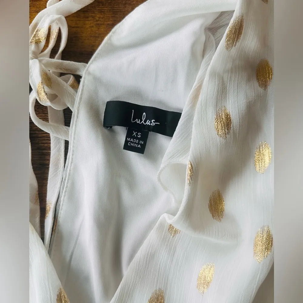 Lulus Cause to Celebrate White and Gold Dot Ruffled Tiered Midi Dress - Size XS - Image 12