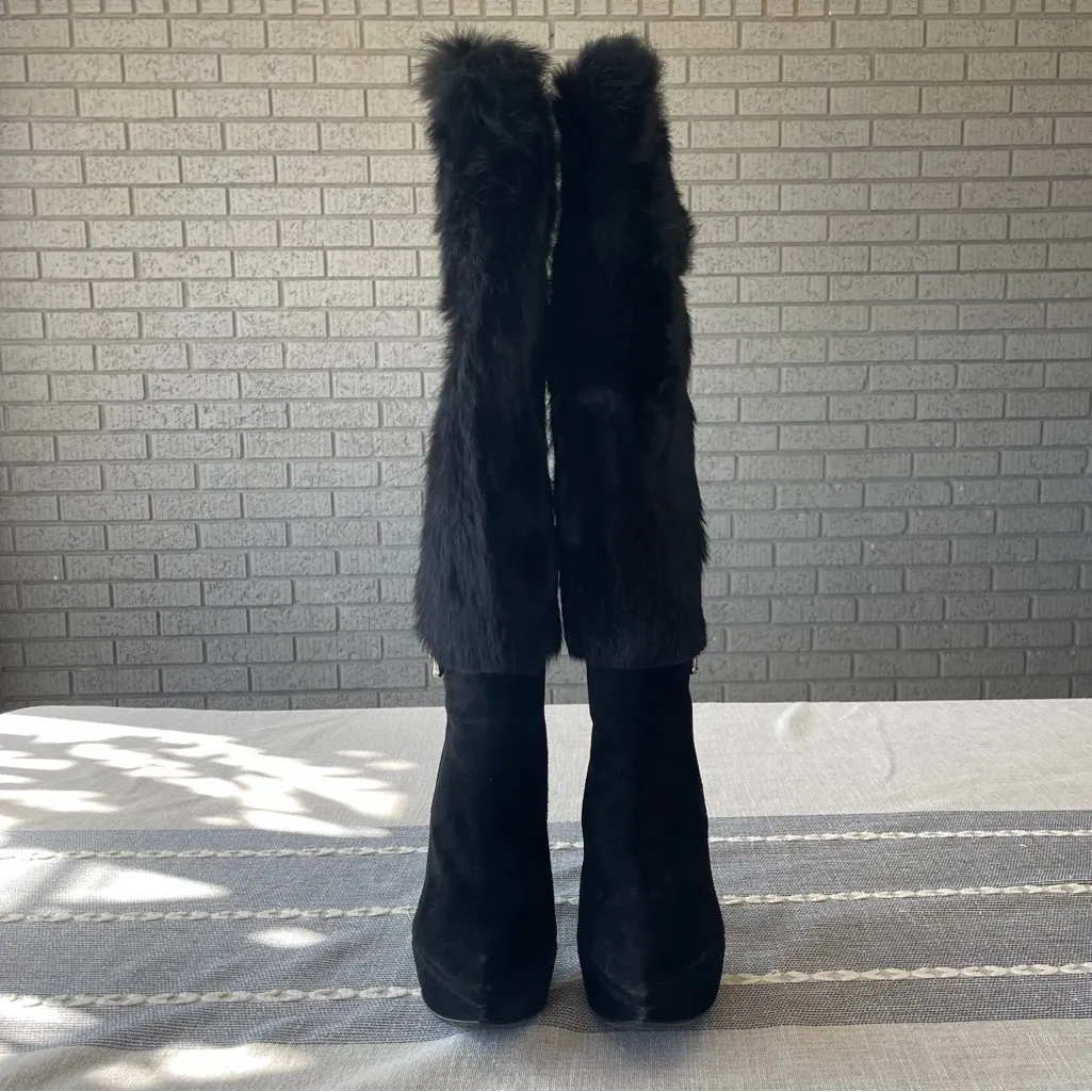 Stuart Weitzman Boots Tall Black Suede High Heel Fox Fur Size 8 - Image 2