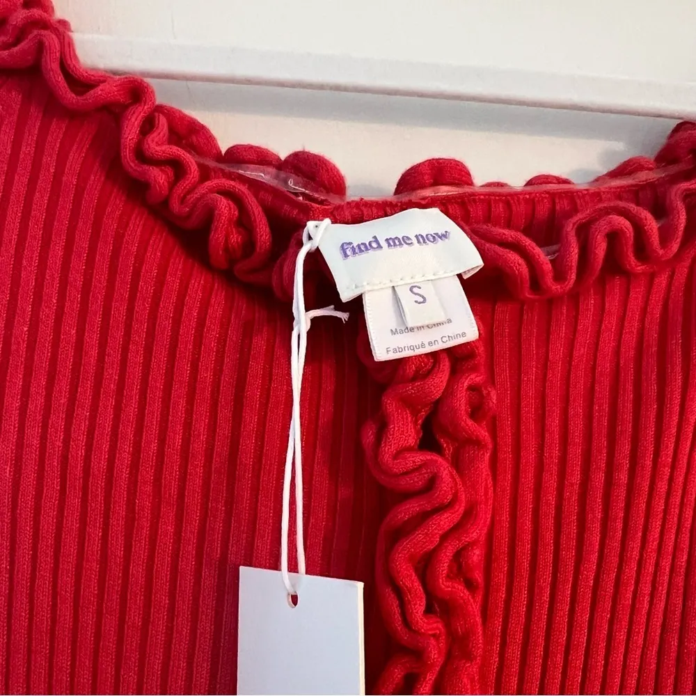 Find Me Now Ribbed Knit Ruffle Trim Retro Long Sleeve MIDI Length Sweater Small Red - Image 6