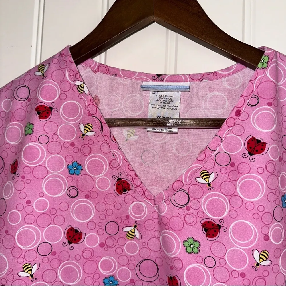SB Scrubs pink ladybug bumblebee flower nurse smock scrub shirt women XS - Image 5