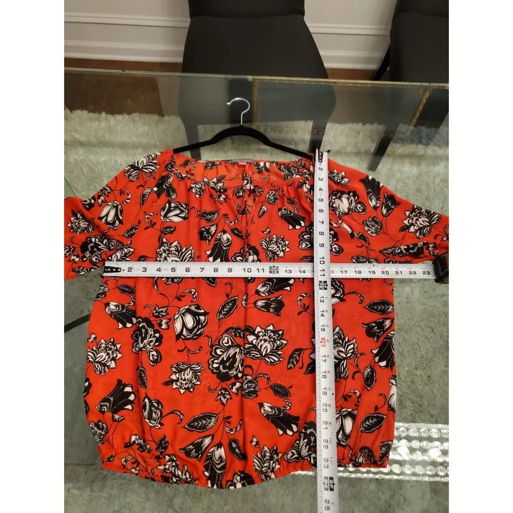 Vince Camuto Womens Red Floral Round Neck Drawstring Long Sleeve Top Blouse S - Image 9