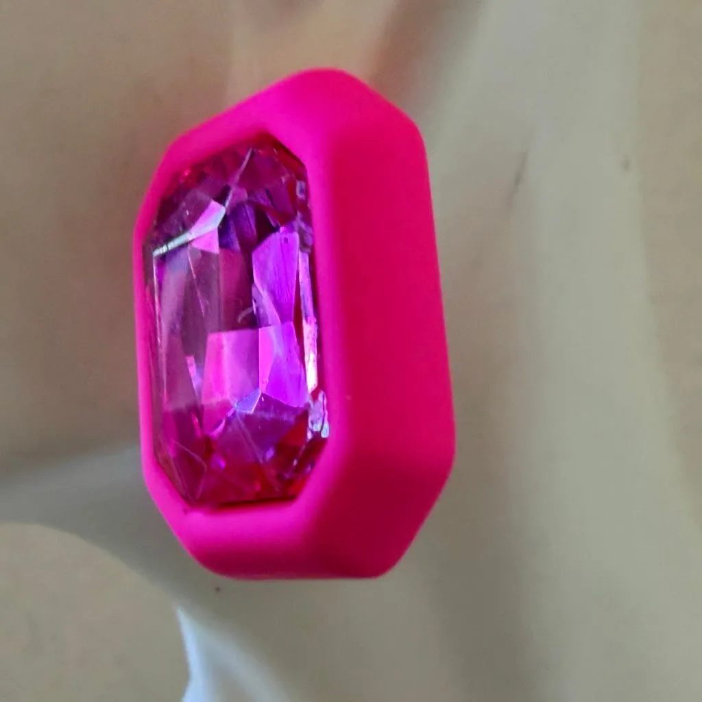 Hot Pink Acrylic Statement Stud Earrings with Magenta Crystal - Image 7