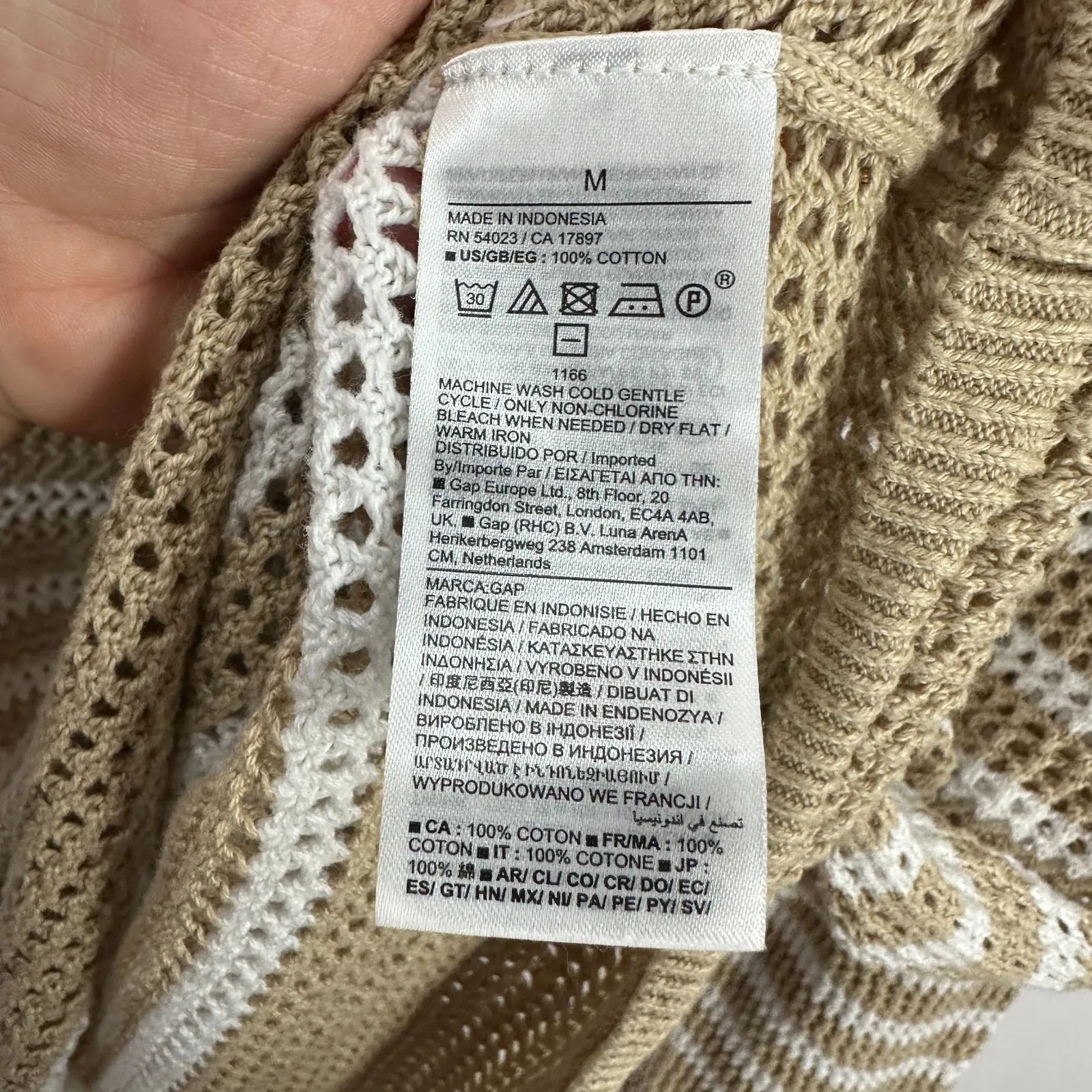 GAP Sweater M Beige Stripe Cotton Open Knit Polo Quiet Luxury Coastal Preppy - Image 3