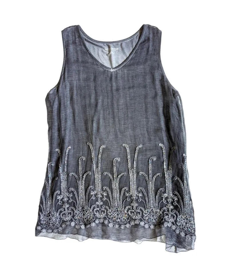 Soft Surroundings Silk Romance Top Embroidered Shoreline Grey Tunic Blouse Tank - Image 2