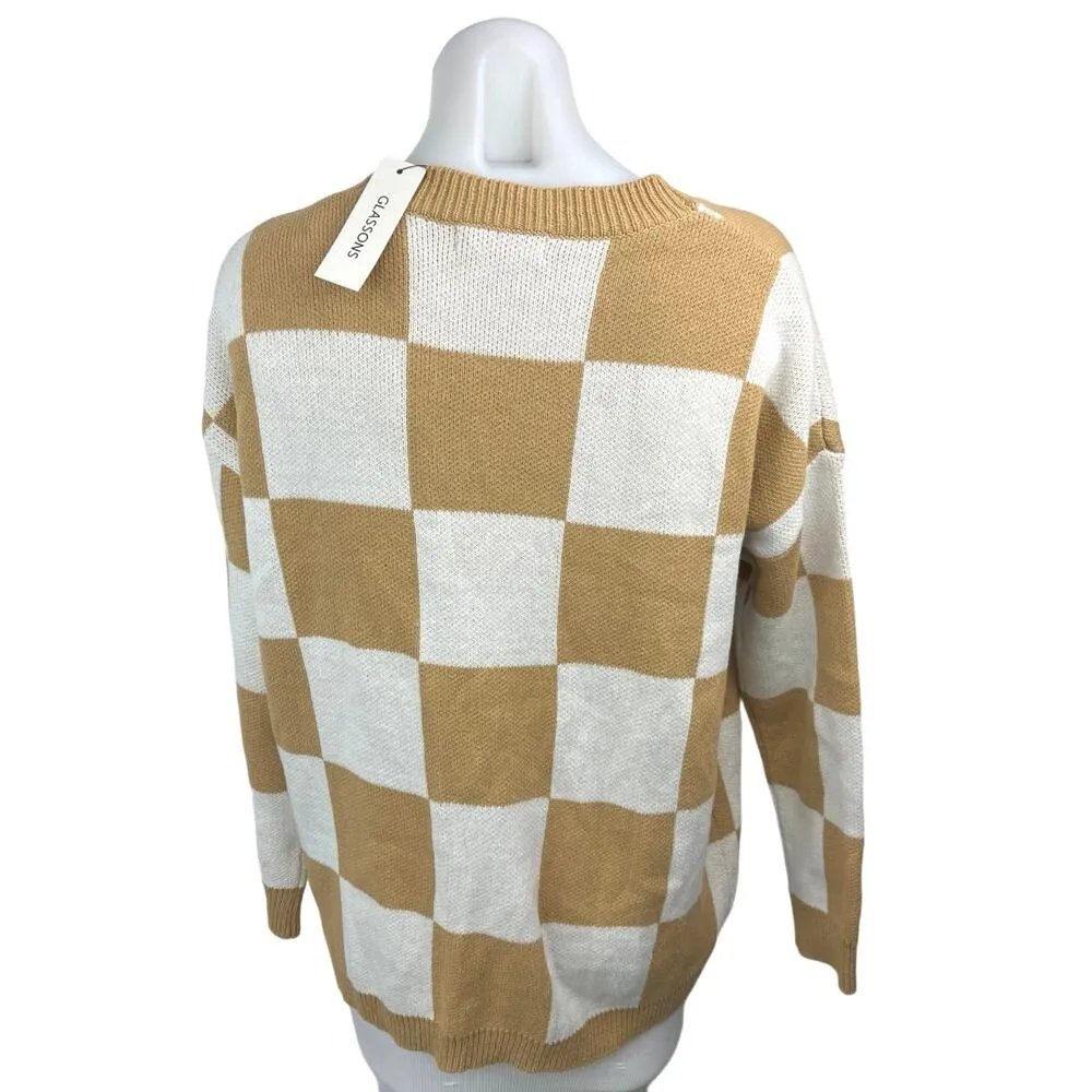 NEW Glassons Tan White Knit Neutral Check V Neck Cardigan Sweater Top Size XS - Image 2