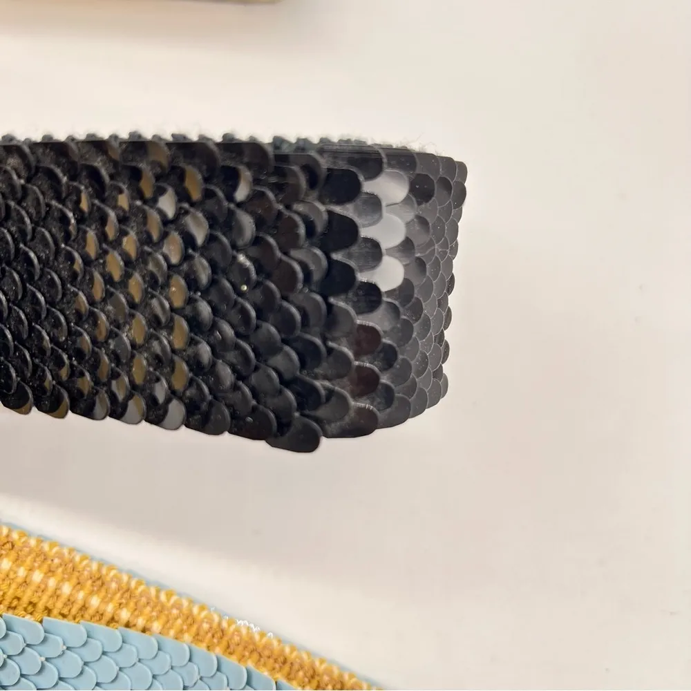 Vintage Set of 3 1970s Fish Scales/Metallic Buckle Belts in White, Black & Blue White - Image 10