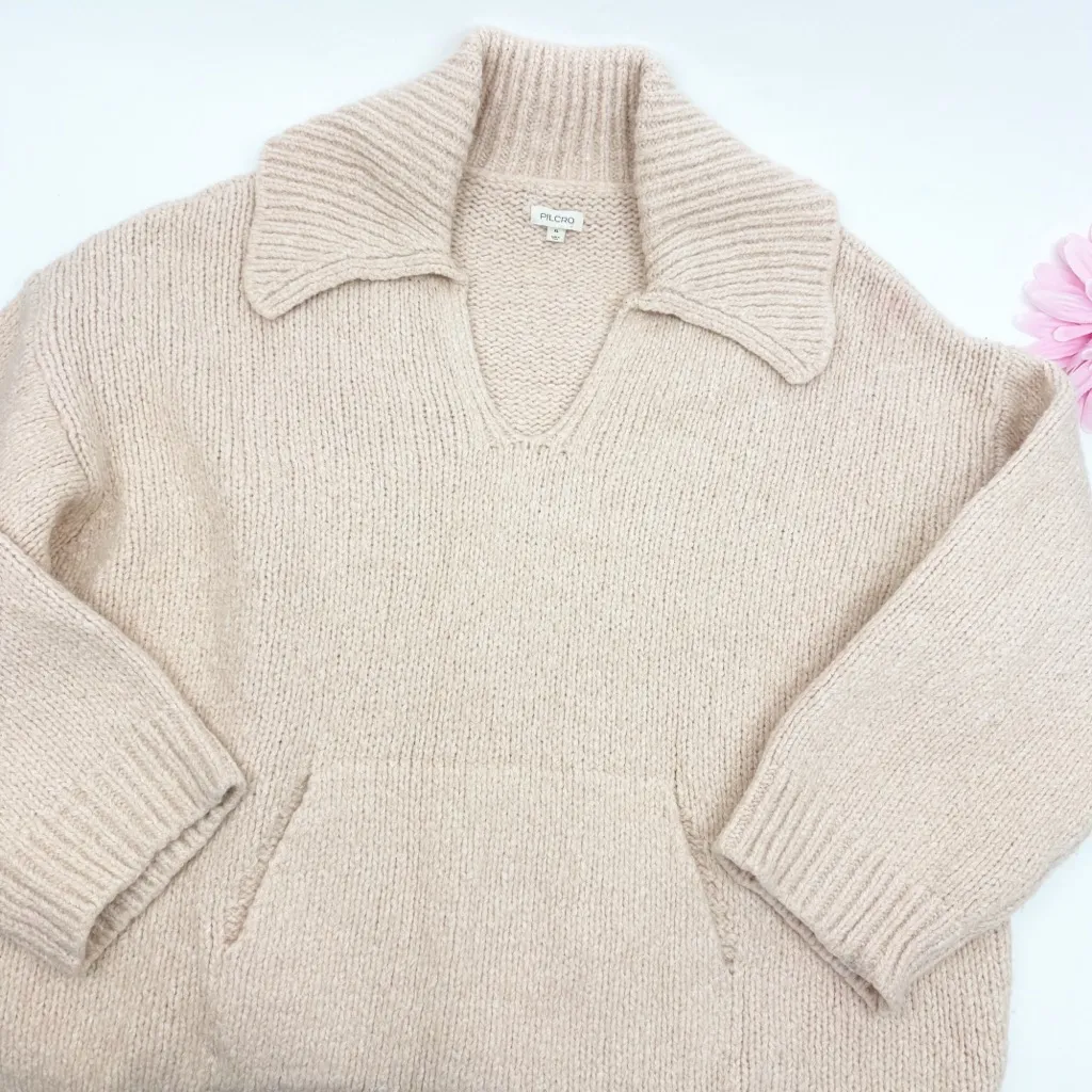 Pilcro X Anthropologie Collared Pouch-Pocket Sweater Dusty Pink Polo Wool Blend - Image 6