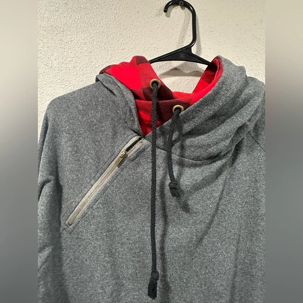& Double Hooded Gray & Buffalo Plaid Side Zipper Hoodie Size 3X - Image 4