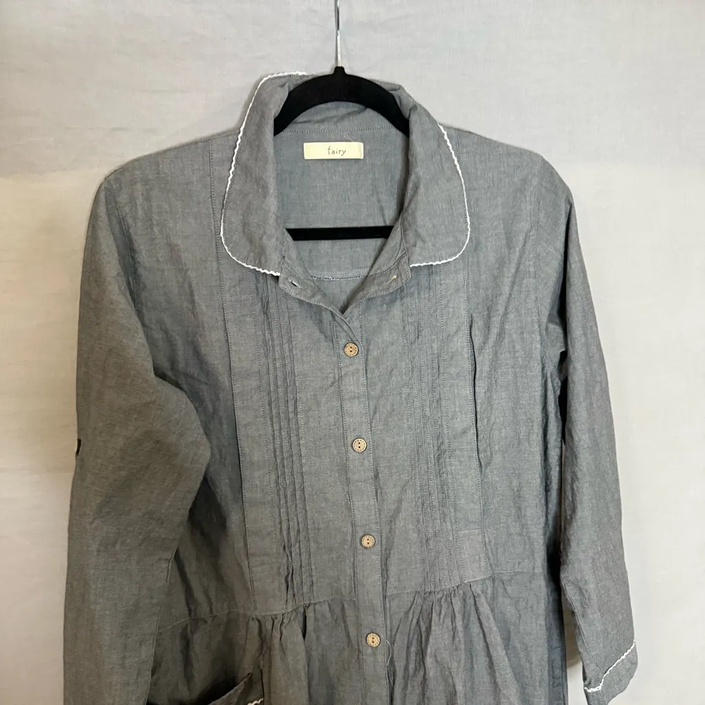 Fairy Nursing Chambray Dress Size Small Cottagecore Snap Buttons 100% Cotton Gray - Image 2