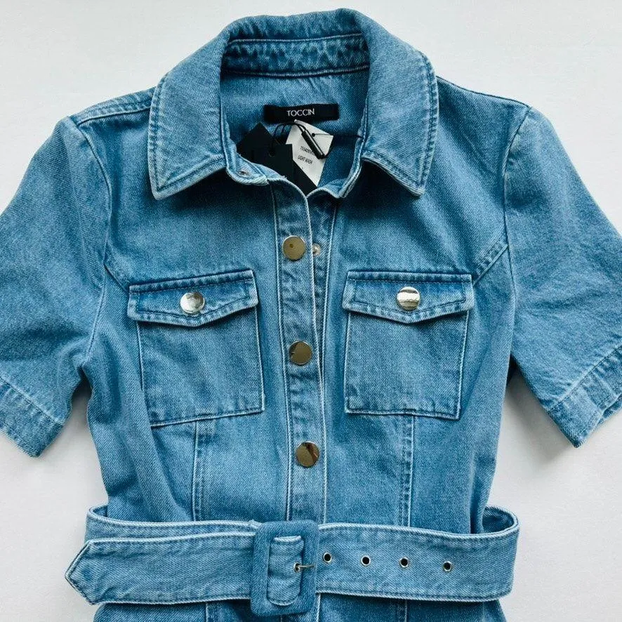 Toccin Lydia Denim Minidress Light Wash Size 2 NEW Short Sleeve Belted Blue - Image 4