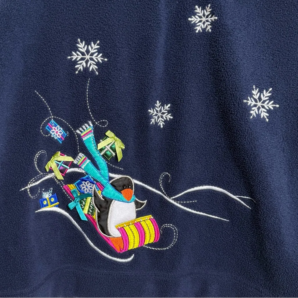 Vintage White Stag Fleece Pullover Winter Theme Penguin Snowflakes Size Small - Image 2
