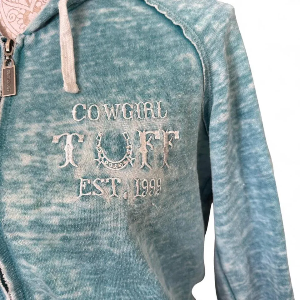 Cowgirl Tuff Acid Washed Bedazzled Zip Up Teal Sleeve Hit Back Hit Hood Hit Size M - Image 3
