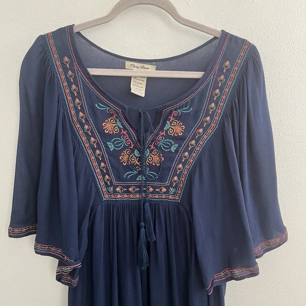 Anthropologie embroidered Dress Flying Tomato Dolman Sleeves SMALL BLUE Boho - Image 3