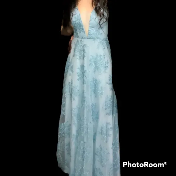 Xtraordinary Blue Floral Embroidered Maxi Dress Plunge V-Neck Formal Gown. Sz 5 - Image 13