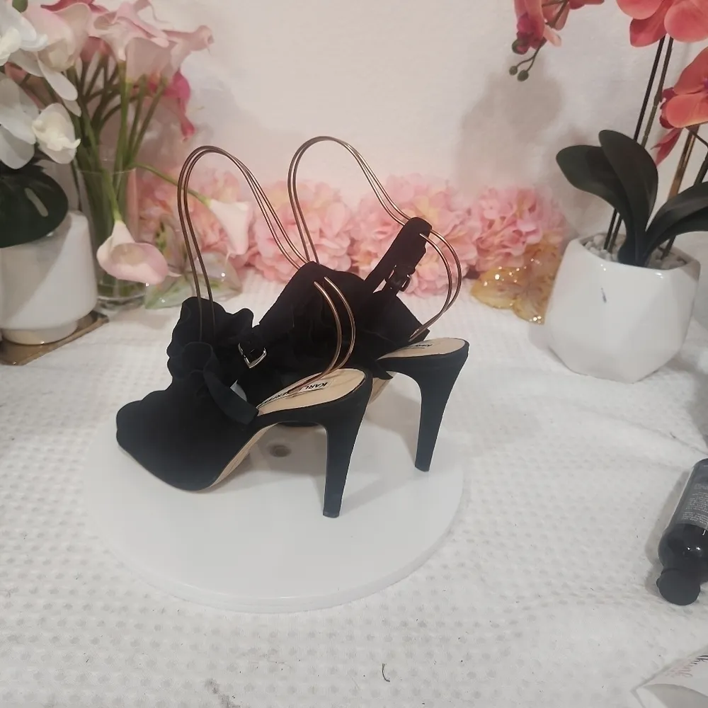 KARL Lagerfeld Paris Suede Slingback Heels High Ruffled Vamp Open Toe Sz 10 - Image 3