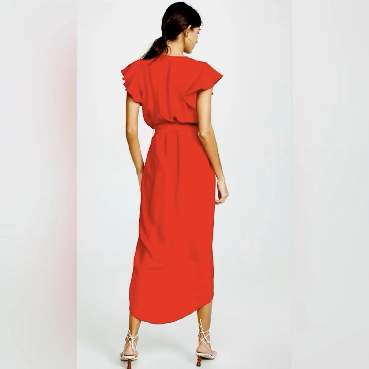 Amanda Uprichard Red Martinique Midi Dress Ruffle‎ Sleeve Tulip Hem Belt MEDIUM - Image 5